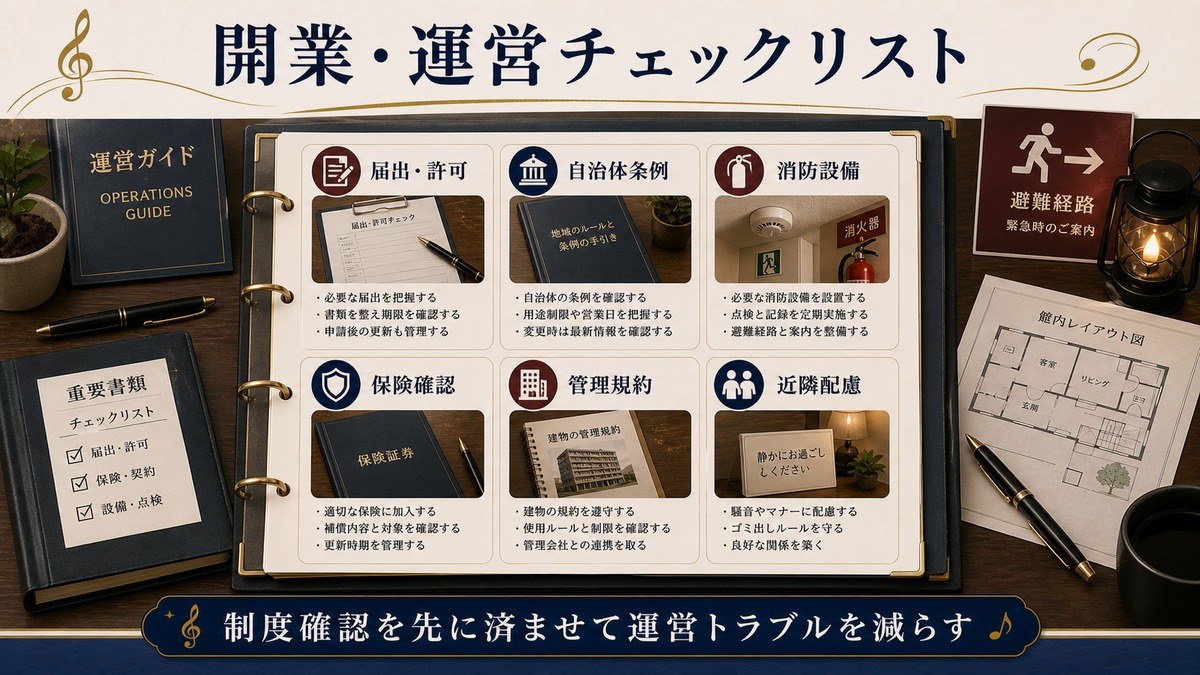 開業と運営の実務チェックを届出・許可、自治体条例、消防設備、保険確認、管理規約、近隣配慮で整理した図解