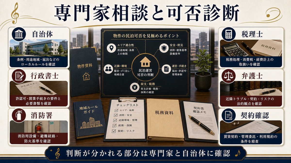 専門家相談と可否診断を自治体、行政書士、消防署、税理士、弁護士、契約確認で整理した図解