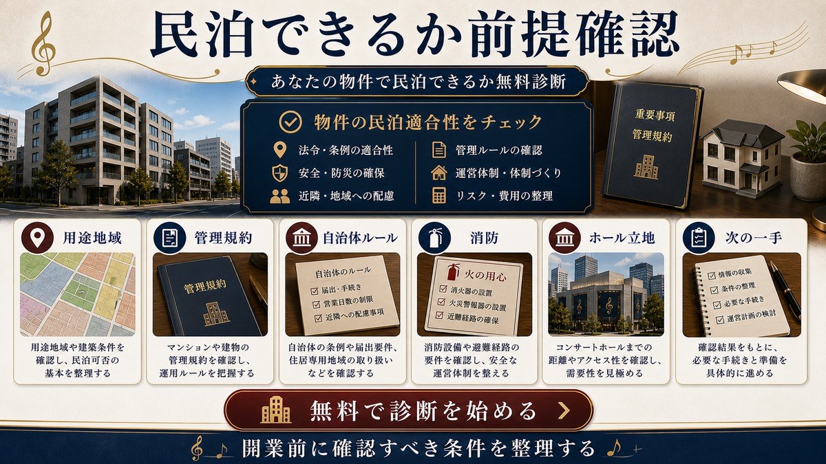 民泊できるかの前提確認を用途地域、管理規約、自治体ルール、消防、ホール立地、次の一手で整理したCTA図解