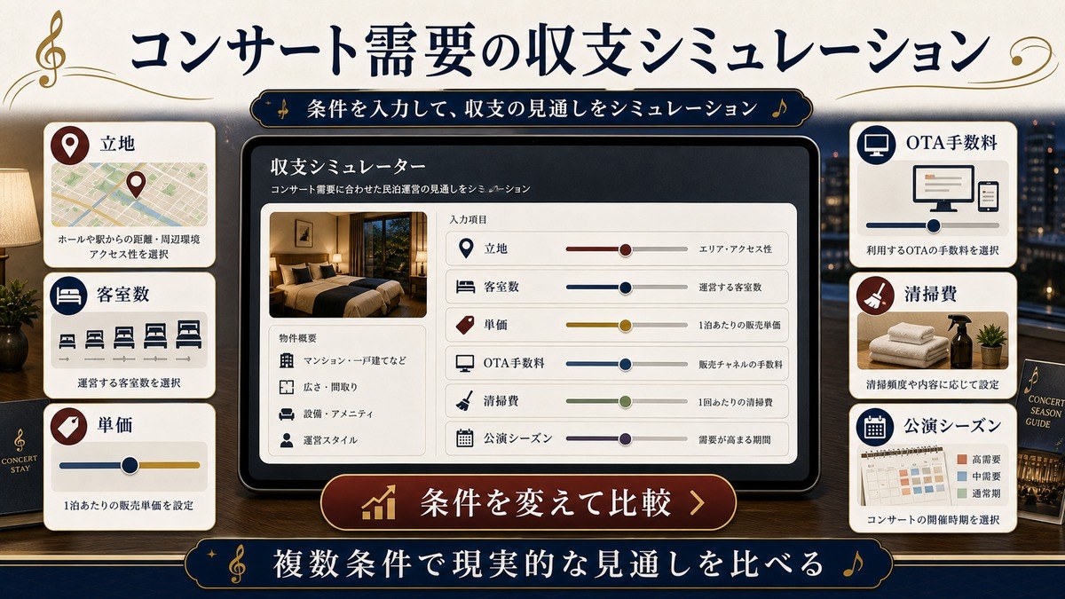 コンサート需要の収支シミュレーションを立地、客室数、単価、OTA手数料、清掃費、公演シーズンで整理したCTA図解