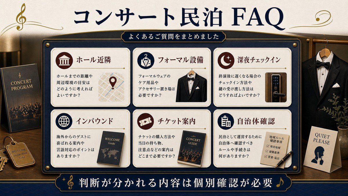 コンサート民泊のFAQをホール近隣、フォーマル設備、深夜チェックイン、インバウンド、チケット案内、自治体確認で整理した図解