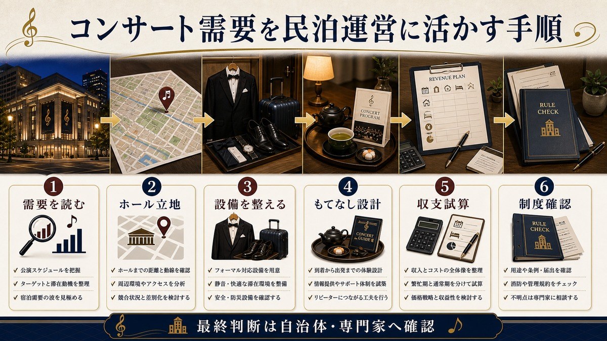 コンサート需要を民泊運営に活かす手順を需要を読む、ホール立地、設備を整える、もてなし設計、収支試算、制度確認で整理した図解
