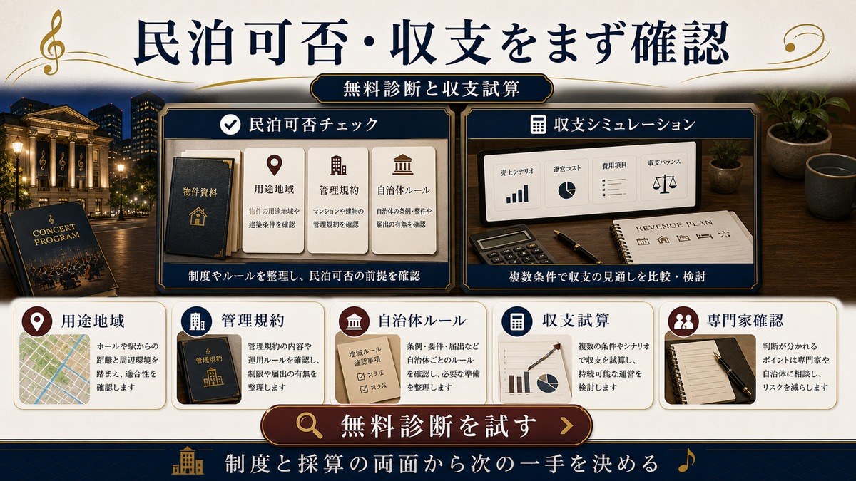 民泊可否と収支をまず確認するための用途地域、管理規約、自治体ルール、収支試算、専門家確認を整理した締めCTA画像