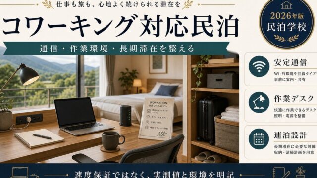 コワーキング対応民泊の通信、作業環境、長期滞在対応を整理した図