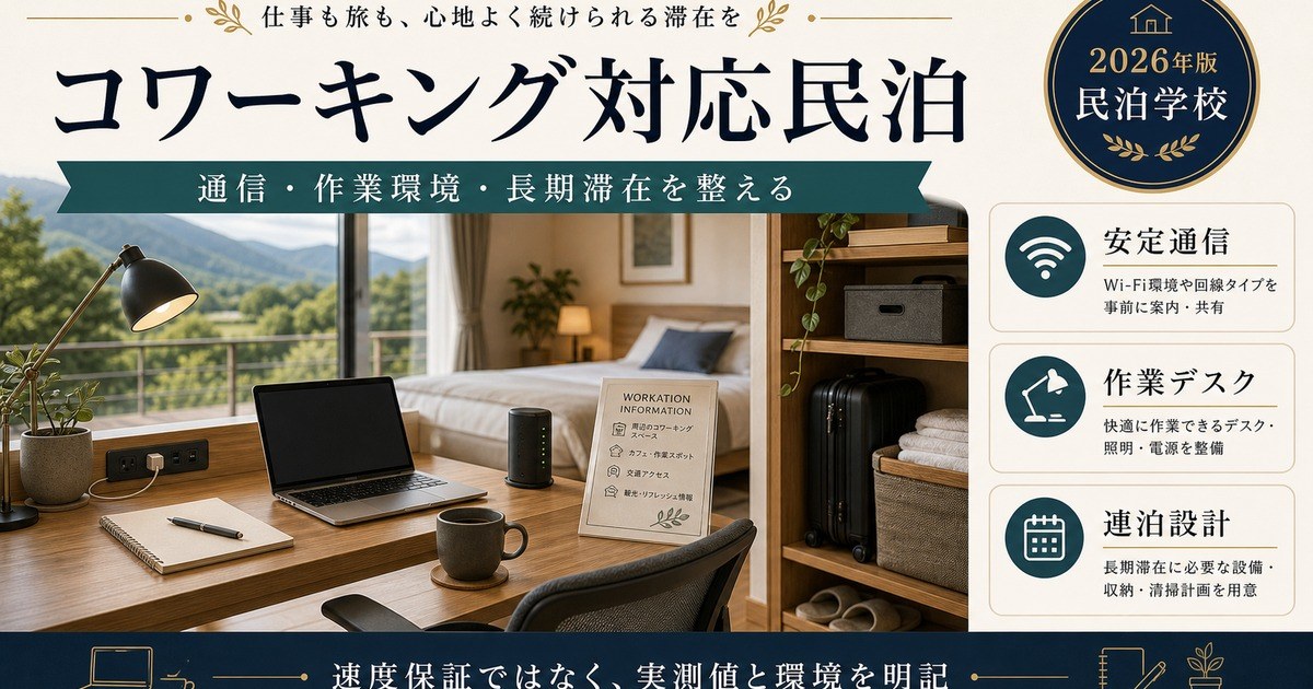 コワーキング対応民泊の通信、作業環境、長期滞在対応を整理した図
