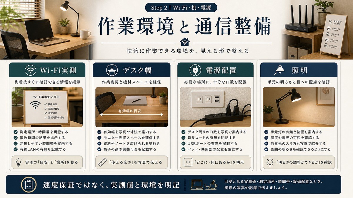 コワーキング対応民泊の作業環境と通信整備をWi-Fi実測、デスク幅、電源配置、照明で整理した図
