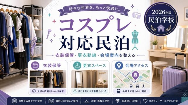 コスプレ対応民泊の衣装保管、更衣スペース、会場アクセスを整理した図