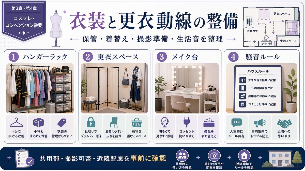 コスプレ民泊の衣装と更衣動線をハンガーラック、更衣スペース、メイク台、騒音ルールで整理した図