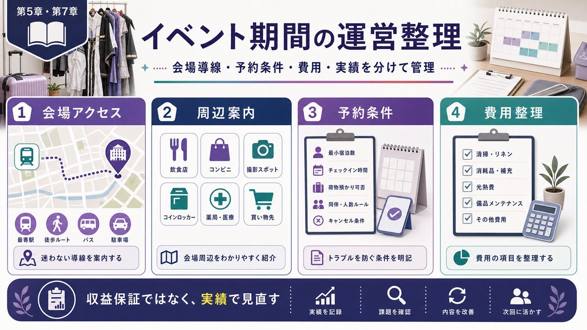 コンベンション期間の民泊運営を会場アクセス、周辺案内、予約条件、費用整理で整理した図