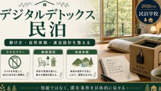 デジタルデトックス民泊の静けさ、スマホフリー環境、自然体験を整理した図