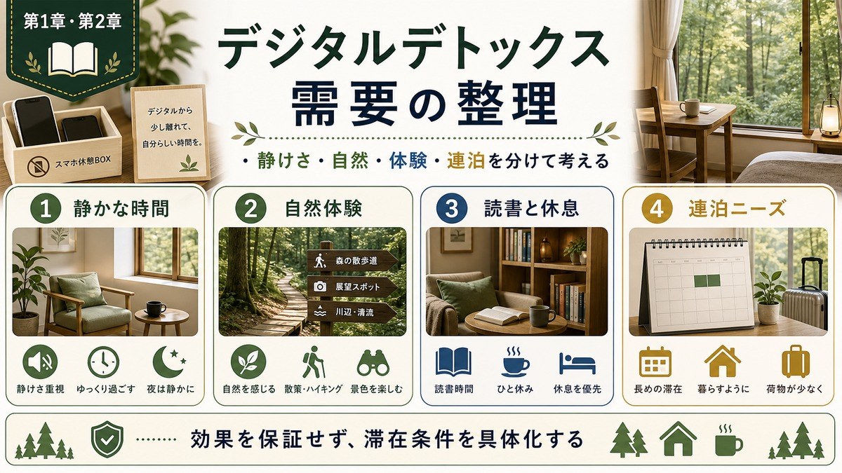 デジタルデトックス需要を静かな時間、自然体験、読書と休息、連泊ニーズで整理した図