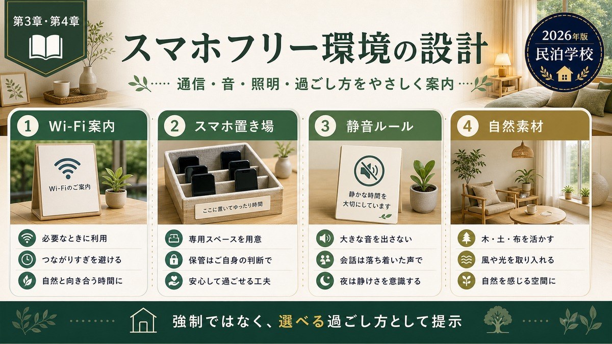 スマホフリー環境をWi-Fi案内、スマホ置き場、静音ルール、自然素材で整理した図