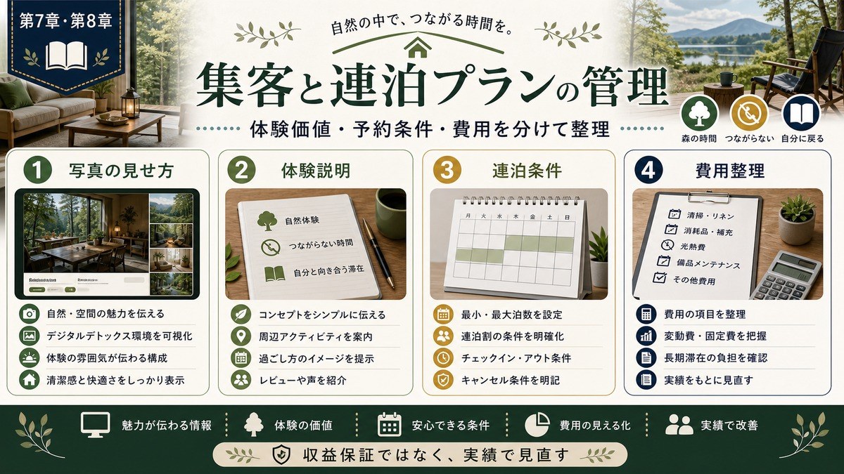 デジタルデトックス民泊の集客と連泊プランを写真、体験説明、連泊条件、費用整理で示した図