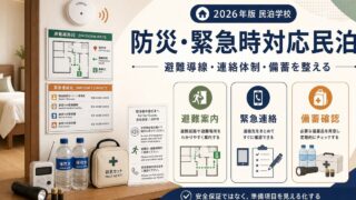 防災・緊急時対応民泊の避難案内、緊急連絡、備蓄確認を整理した図