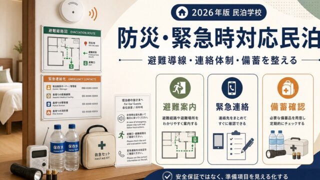 防災・緊急時対応民泊の避難案内、緊急連絡、備蓄確認を整理した図