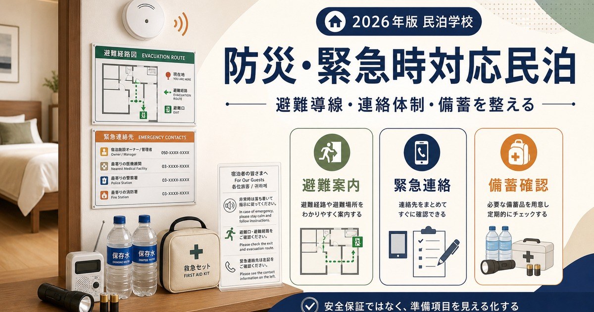 防災・緊急時対応民泊の避難案内、緊急連絡、備蓄確認を整理した図
