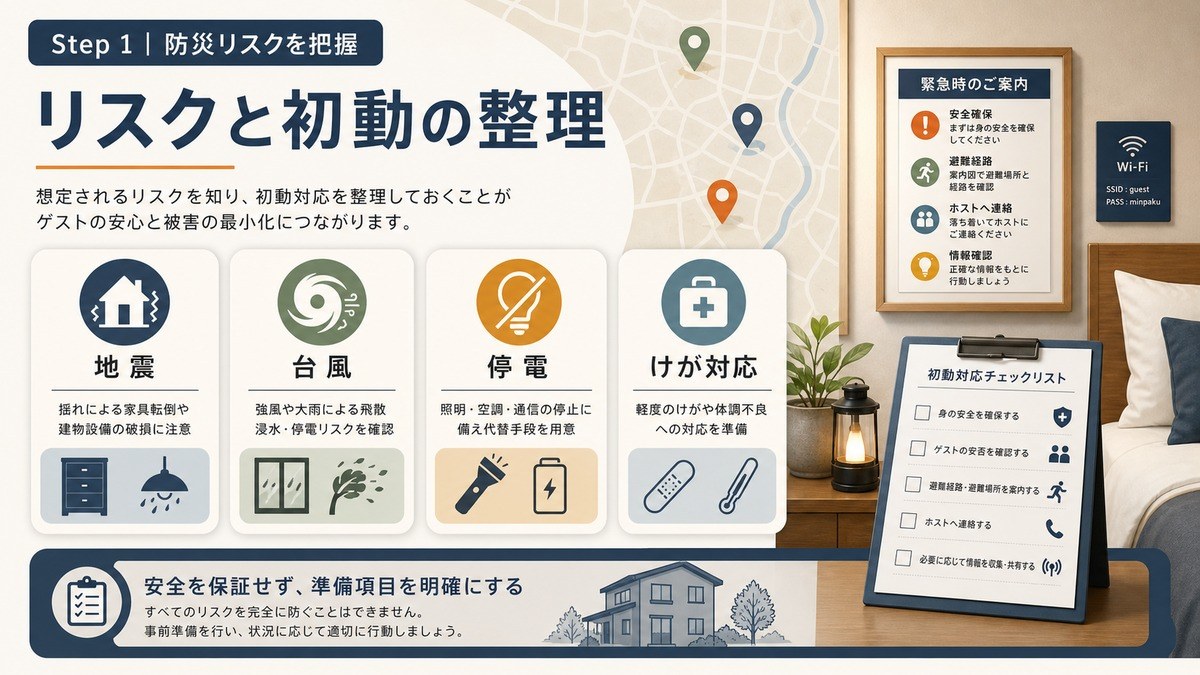 民泊の防災リスクを地震、台風、停電、けが対応で整理した図