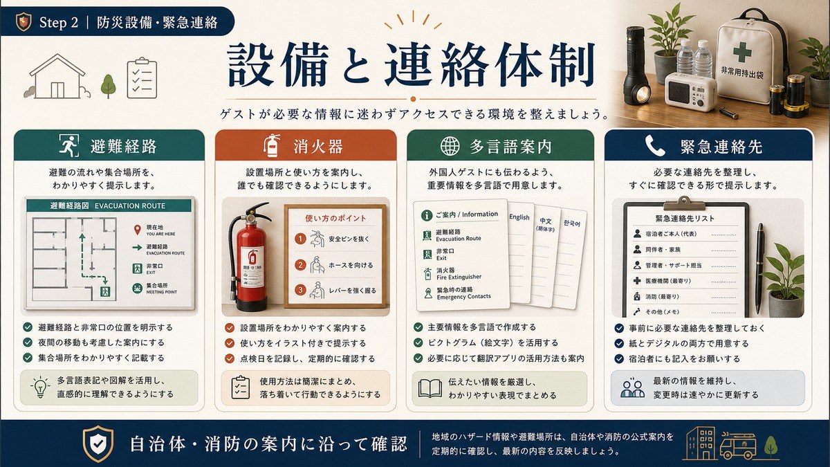 民泊の防災設備と連絡体制を避難経路、消火器、多言語案内、緊急連絡先で整理した図