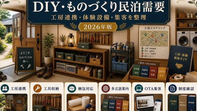 DIY・ものづくり民泊需要に対応する工房連携、工具収納、梱包対応、多言語案内、OTA集客、制度確認をまとめたアイキャッチ画像