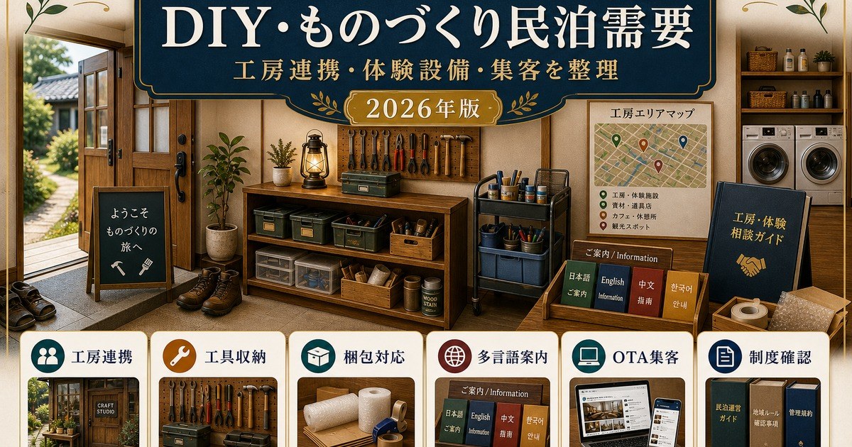 DIY・ものづくり民泊需要に対応する工房連携、工具収納、梱包対応、多言語案内、OTA集客、制度確認をまとめたアイキャッチ画像
