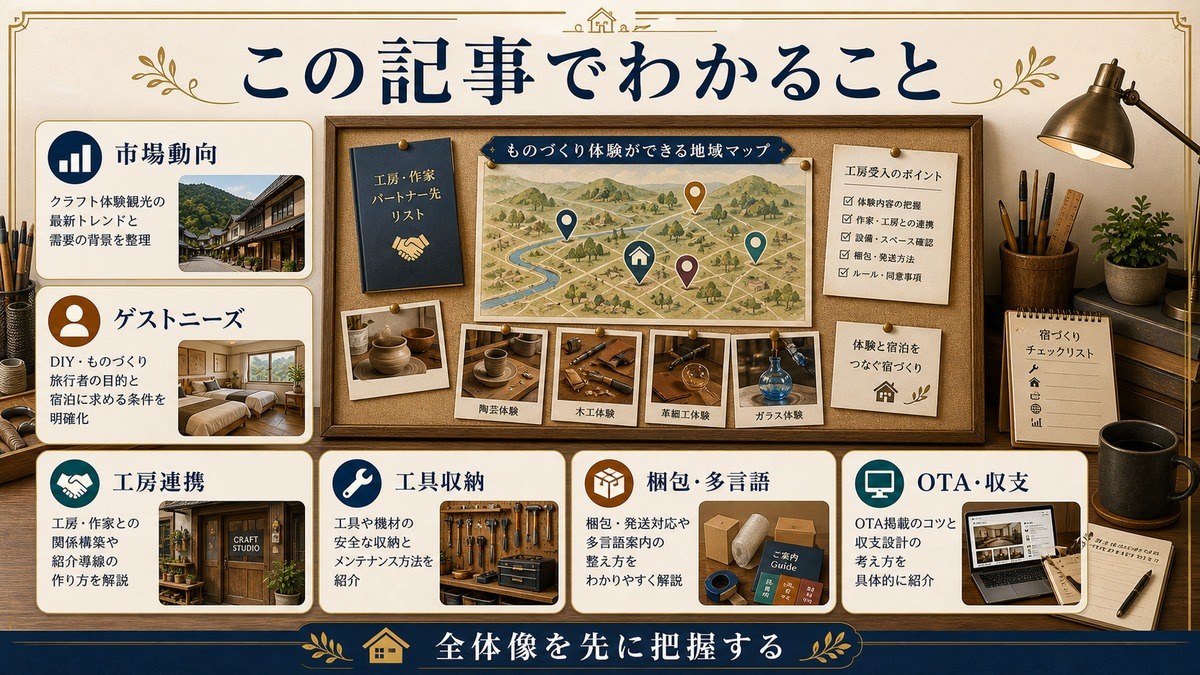 DIY・ものづくりワークショップ対応の記事全体で扱う市場動向、ゲストニーズ、工房連携、工具収納、梱包・多言語、OTA・収支をまとめた図解