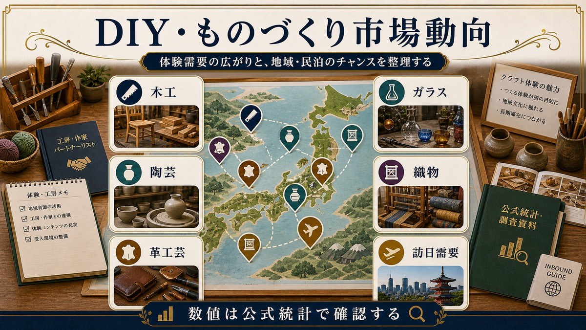 DIY・ものづくり市場動向を木工、陶芸、革工芸、ガラス、織物、訪日需要で整理した図解