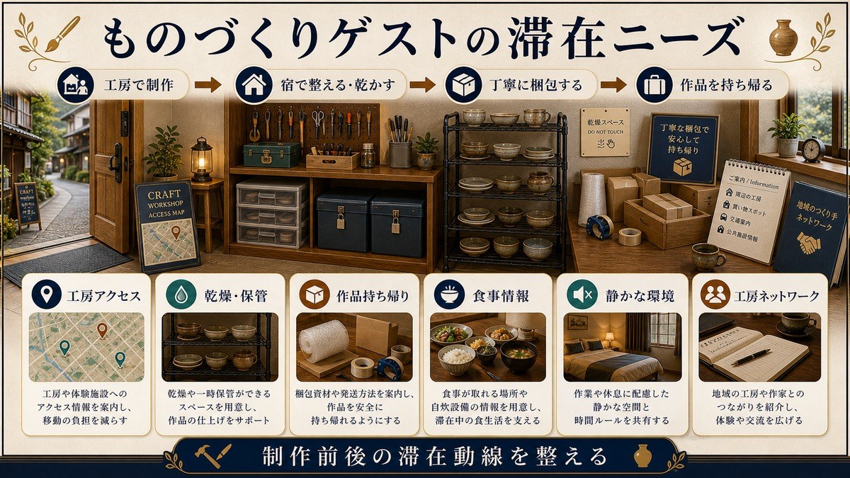 ものづくりゲストの滞在ニーズを工房アクセス、乾燥・保管、作品持ち帰り、食事情報、静かな環境、工房ネットワークで整理した図解