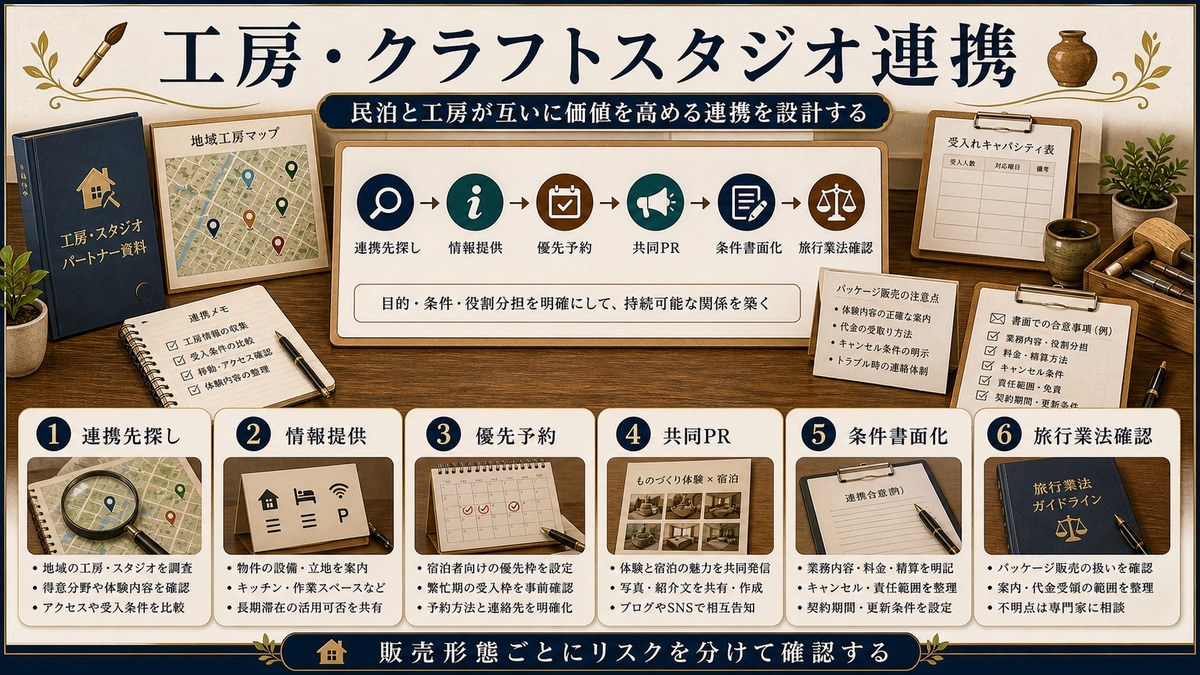 工房・クラフトスタジオ連携を連携先探し、情報提供、優先予約、共同PR、条件書面化、旅行業法確認で整理した図解