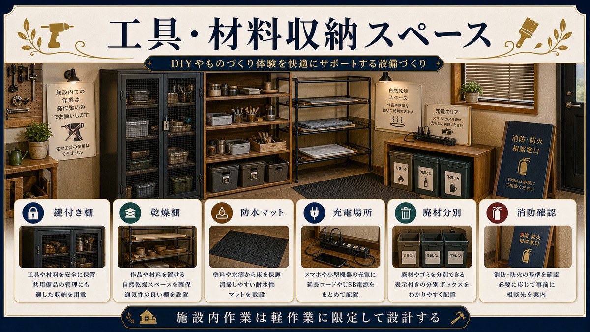 DIY工具・材料収納スペースを鍵付き棚、乾燥棚、防水マット、充電場所、廃材分別、消防確認で整理した図解