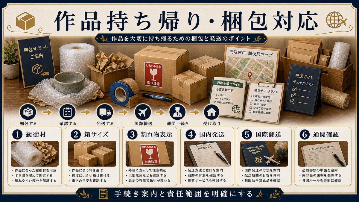 作品持ち帰りと梱包対応を緩衝材、箱サイズ、割れ物表示、国内発送、国際郵送、通関確認で整理した図解