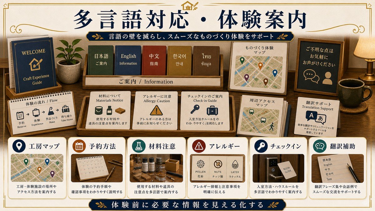 多言語対応と体験案内を工房マップ、予約方法、材料注意、アレルギー、チェックイン、翻訳補助で整理した図解