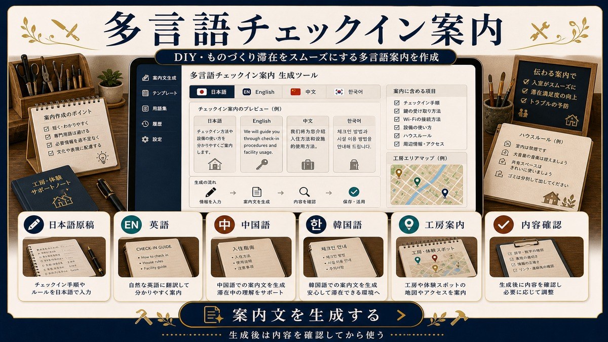 多言語チェックイン案内の生成導線を日本語原稿、英語、中国語、韓国語、工房案内、内容確認で整理したCTA図解