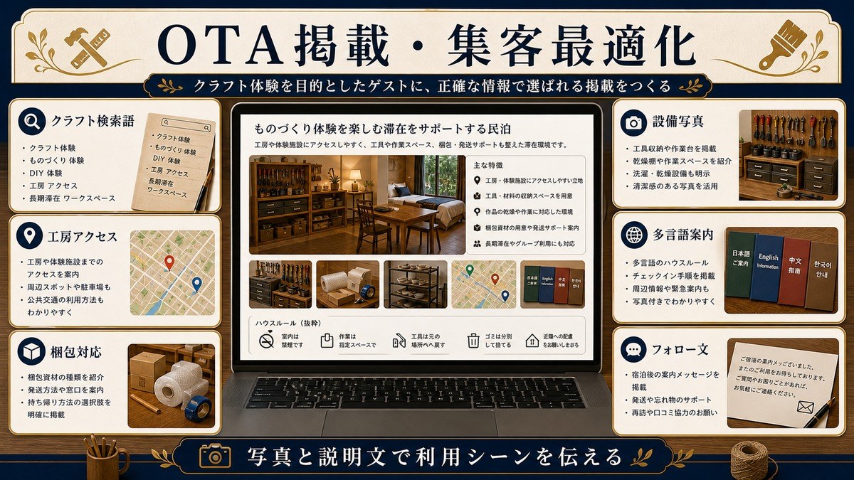 OTA掲載と集客最適化をクラフト検索語、設備写真、工房アクセス、梱包対応、多言語案内、フォロー文で整理した図解