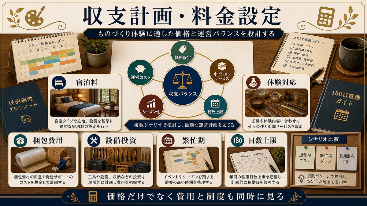 収支計画と料金設定を宿泊料、体験対応、梱包費用、設備投資、繁忙期、日数上限で整理した図解