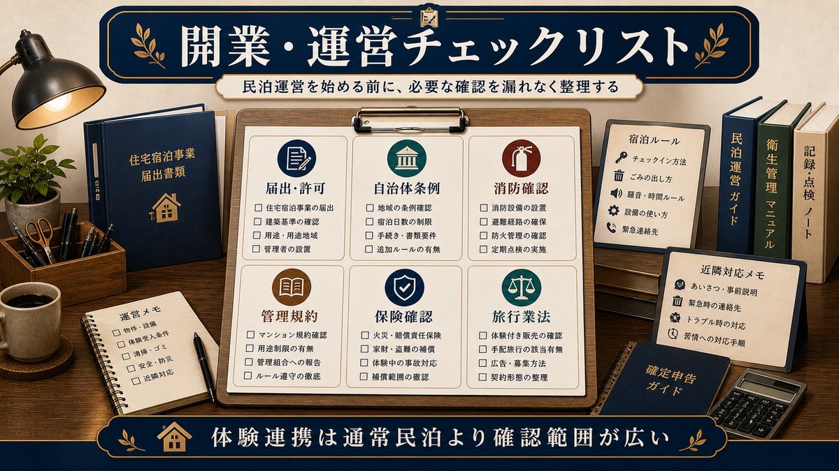 開業と運営チェックを届出・許可、自治体条例、消防確認、管理規約、保険確認、旅行業法で整理した図解