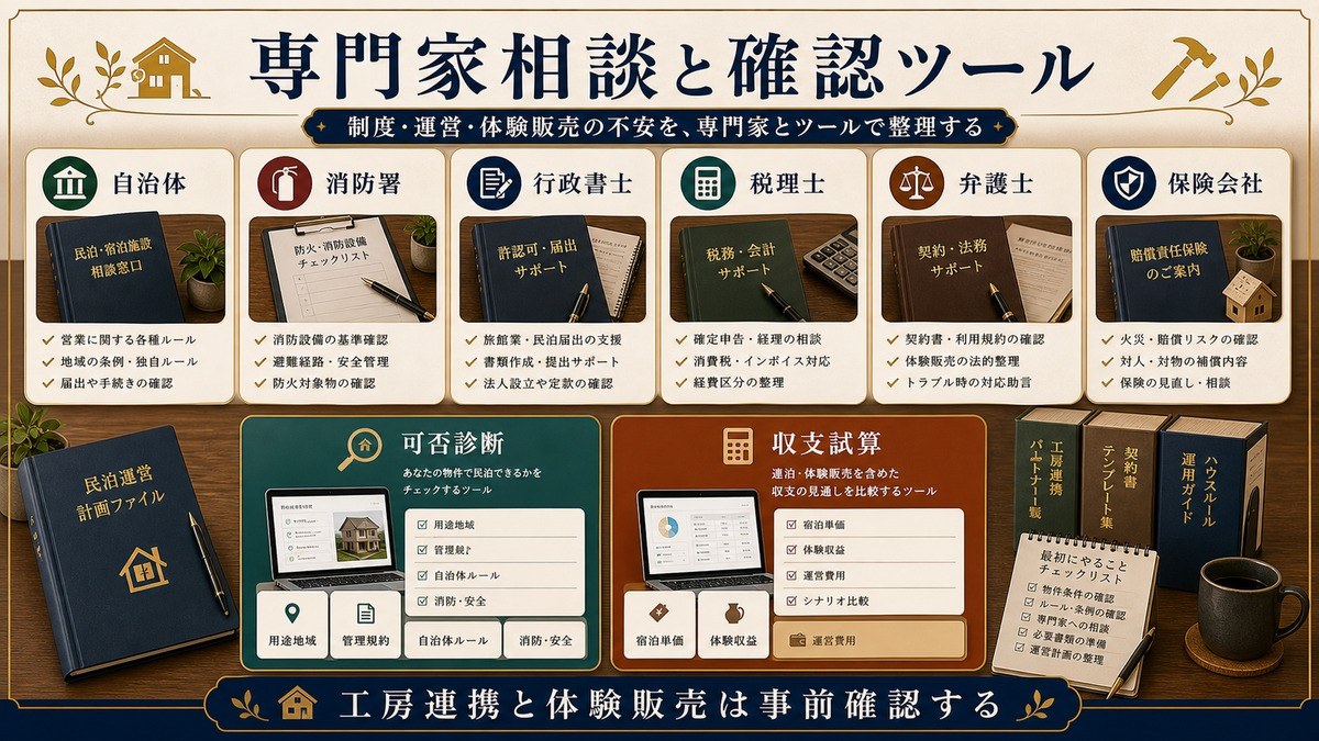 専門家相談と確認ツールを自治体、消防署、行政書士、税理士、弁護士、保険会社、可否診断、収支試算で整理した図解