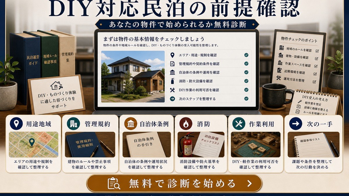 DIY対応民泊の前提確認を用途地域、管理規約、自治体条例、消防、作業利用、次の一手で整理したCTA図解