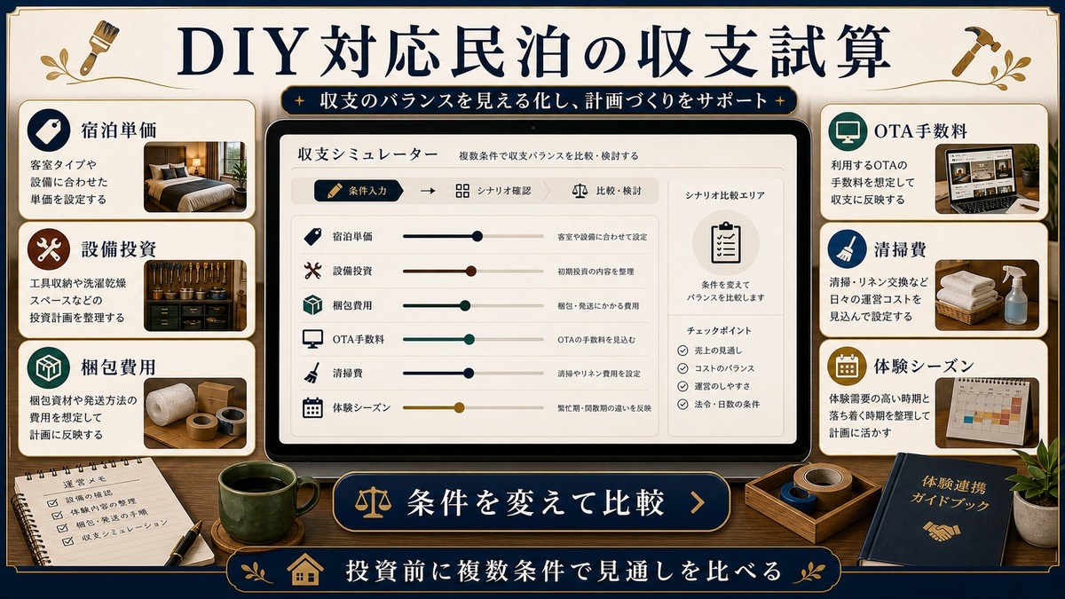 DIY対応民泊の収支試算を宿泊単価、設備投資、梱包費用、OTA手数料、清掃費、体験シーズンで整理したCTA図解