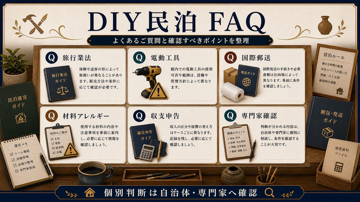 DIY民泊のFAQを旅行業法、電動工具、国際郵送、材料アレルギー、収支申告、専門家確認で整理した図解