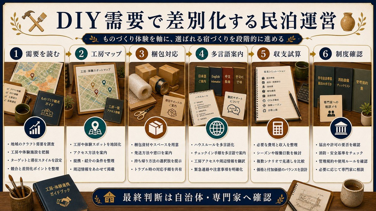 DIY需要で差別化する民泊運営の手順を需要を読む、工房マップ、梱包対応、多言語案内、収支試算、制度確認で整理した図解