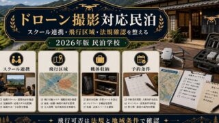 ドローン撮影対応民泊のスクール連携、飛行区域、機体収納、予約条件を整理した図