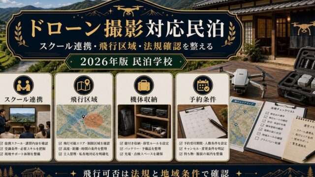 ドローン撮影対応民泊のスクール連携、飛行区域、機体収納、予約条件を整理した図