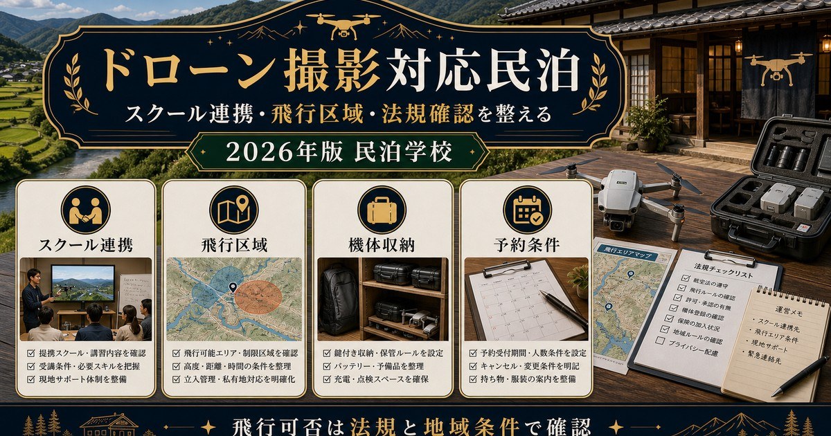 ドローン撮影対応民泊のスクール連携、飛行区域、機体収納、予約条件を整理した図