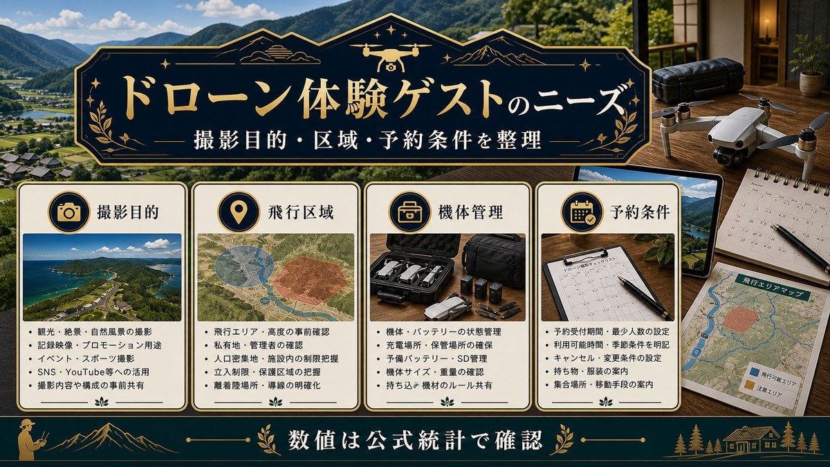 ドローン体験ゲストのニーズを撮影目的、飛行区域、機体管理、予約条件で整理した図