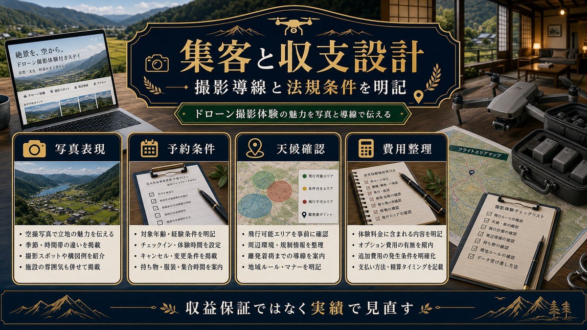 ドローン撮影対応民泊の集客と収支設計を写真表現、予約条件、区域確認、費用整理で示した図