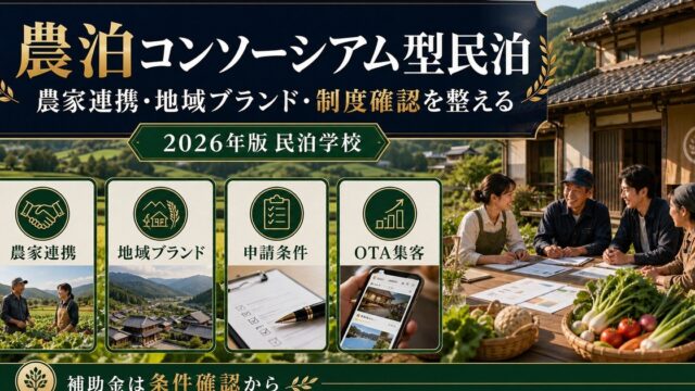 農泊コンソーシアム型民泊の農家連携、地域ブランド、申請条件、OTA集客を整理した図