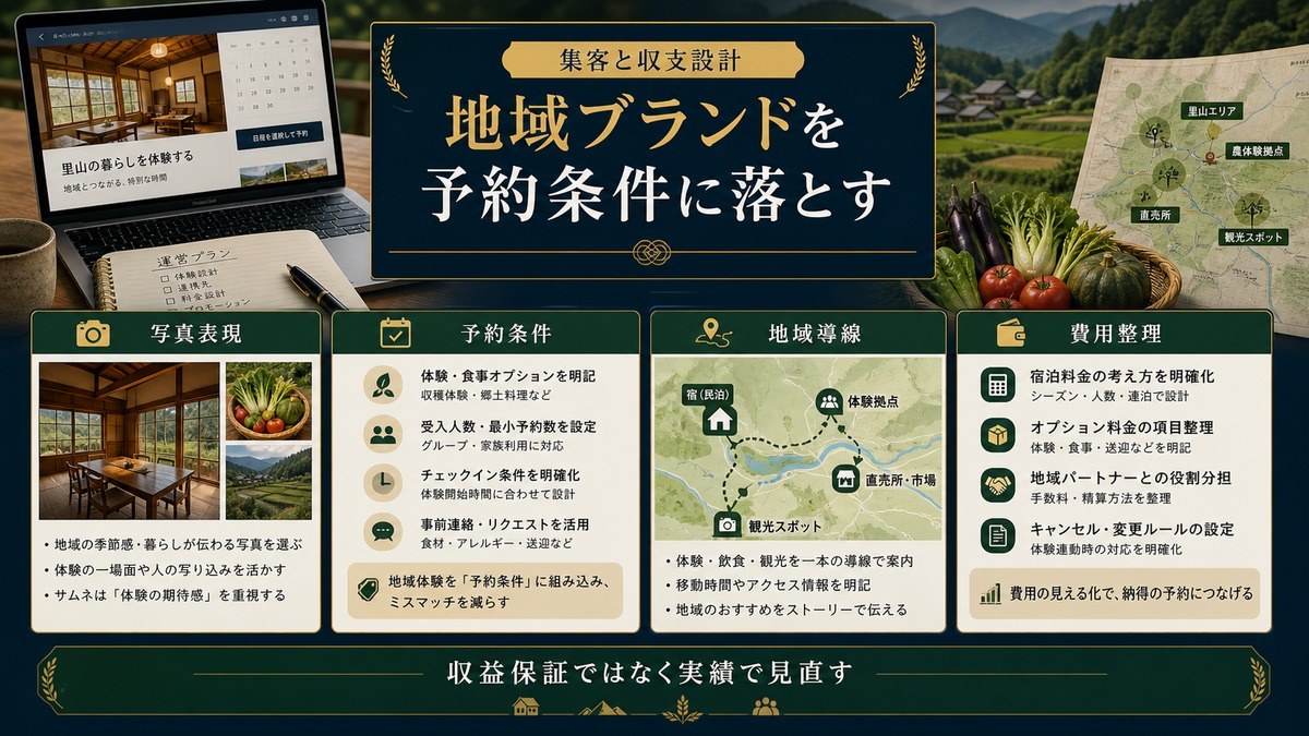 農泊の集客と収支設計を写真表現、予約条件、地域導線、費用整理で示した図