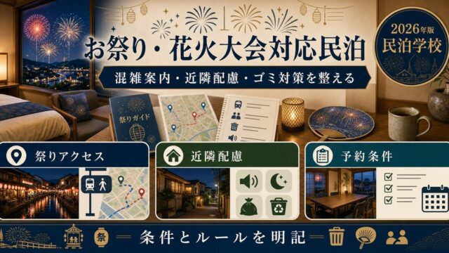 お祭り・花火大会対応民泊の混雑案内、近隣配慮、ゴミ対策を整理した図