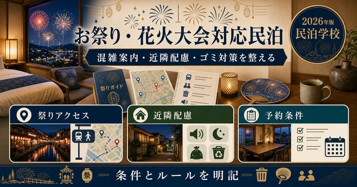 お祭り・花火大会対応民泊の混雑案内、近隣配慮、ゴミ対策を整理した図