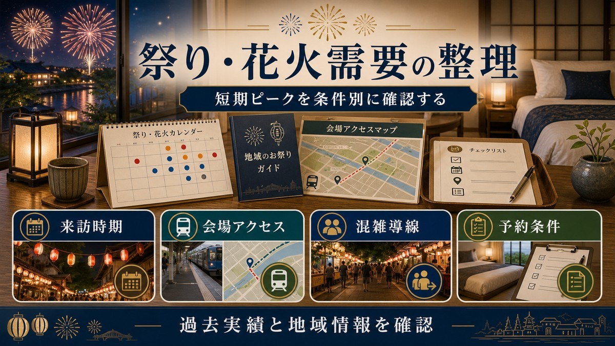 祭り・花火需要を来訪時期、会場アクセス、混雑導線、予約条件で整理した図